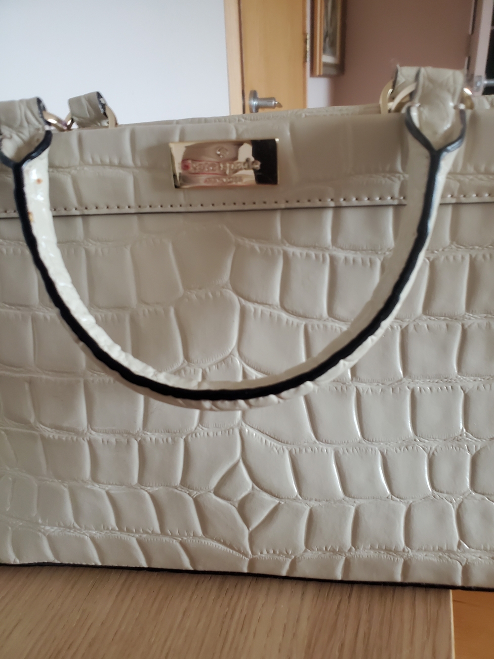 kate spade Cream Croc-Embossed Tote with Black-Trim Handles
